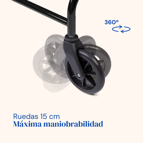 Gehhilfe Lambda | Vier Räder, Sitz und Rückenlehne, Gehhilfe für ältere Menschen (Schwarz)