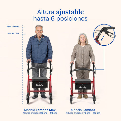 Gehhilfe Lambda Max | Rollator, 4 XL-Räder, Sitz und Rückenlehne (Rot)