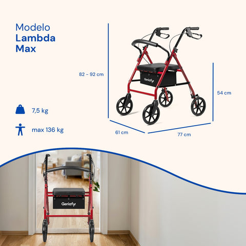 Gehhilfe Lambda Max | Rollator, 4 XL-Räder, Sitz und Rückenlehne (Rot)