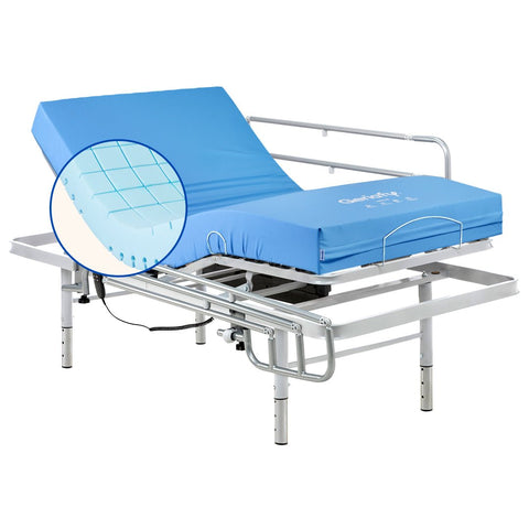 Set verstellbares Pflegebett mit höhenverstellbarem Lattenrost und wasserdichtem Origin HR-Matratze (80x190 cm, Seitengitter)