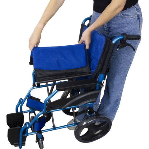 Faltbarer Aluminium-Rollstuhl mit Bremsen an den Griffen, Farbe Blau