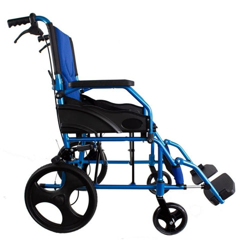 Faltbarer Aluminium-Rollstuhl mit Bremsen an den Griffen, Farbe Blau