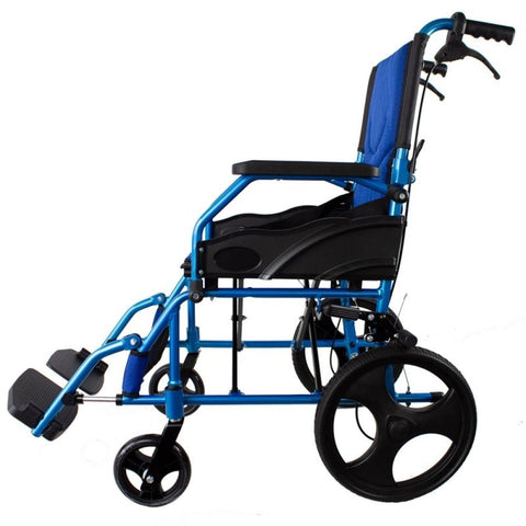 Faltbarer Aluminium-Rollstuhl mit Bremsen an den Griffen, Farbe Blau