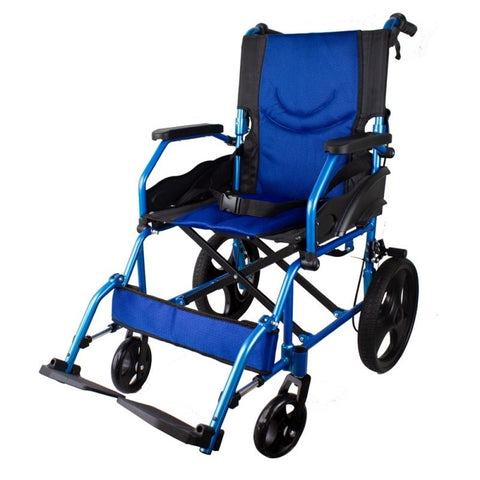 Faltbarer Aluminium-Rollstuhl mit Bremsen an den Griffen, Farbe Blau