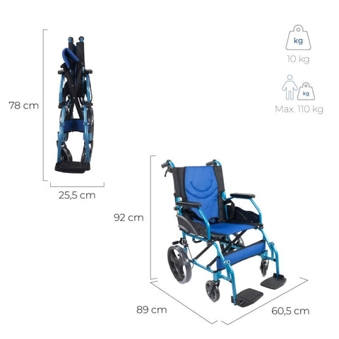 Faltbarer Aluminium-Rollstuhl mit Bremsen an den Griffen, Farbe Blau